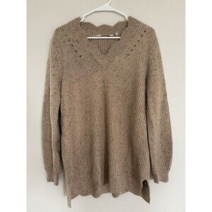 Soft Surroundings Tan Marled Scalloped V Neck Tunic Chunky Knit Sweater Size M